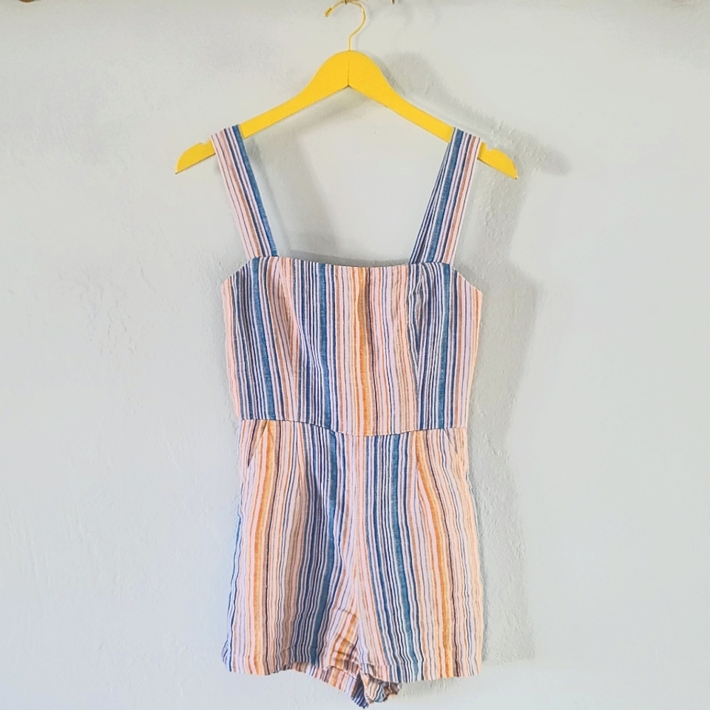 Reformation Blue and Orange Striped Linen Romper
